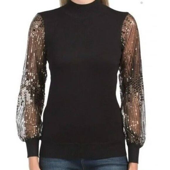 Catherine Malandrino Black Pullover Knit Sweater Blouse Sequin Sheer Sleeves L - Picture 1 of 7